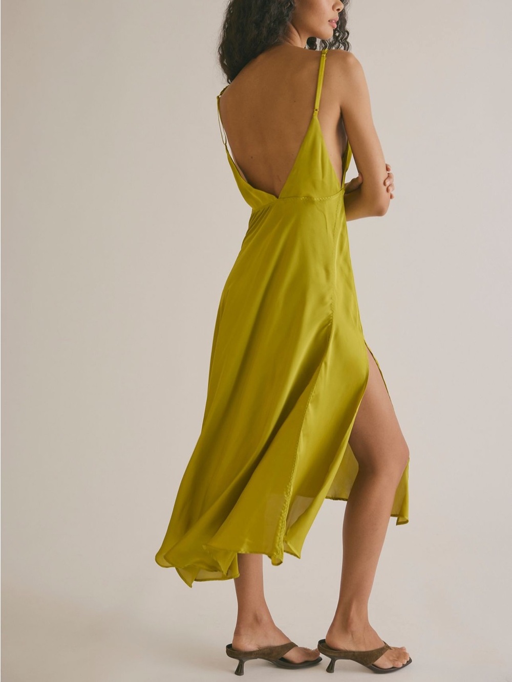 Free People Show Business Satin Midi Slip Dress in Chartreuse Green - Picture 2 of 7